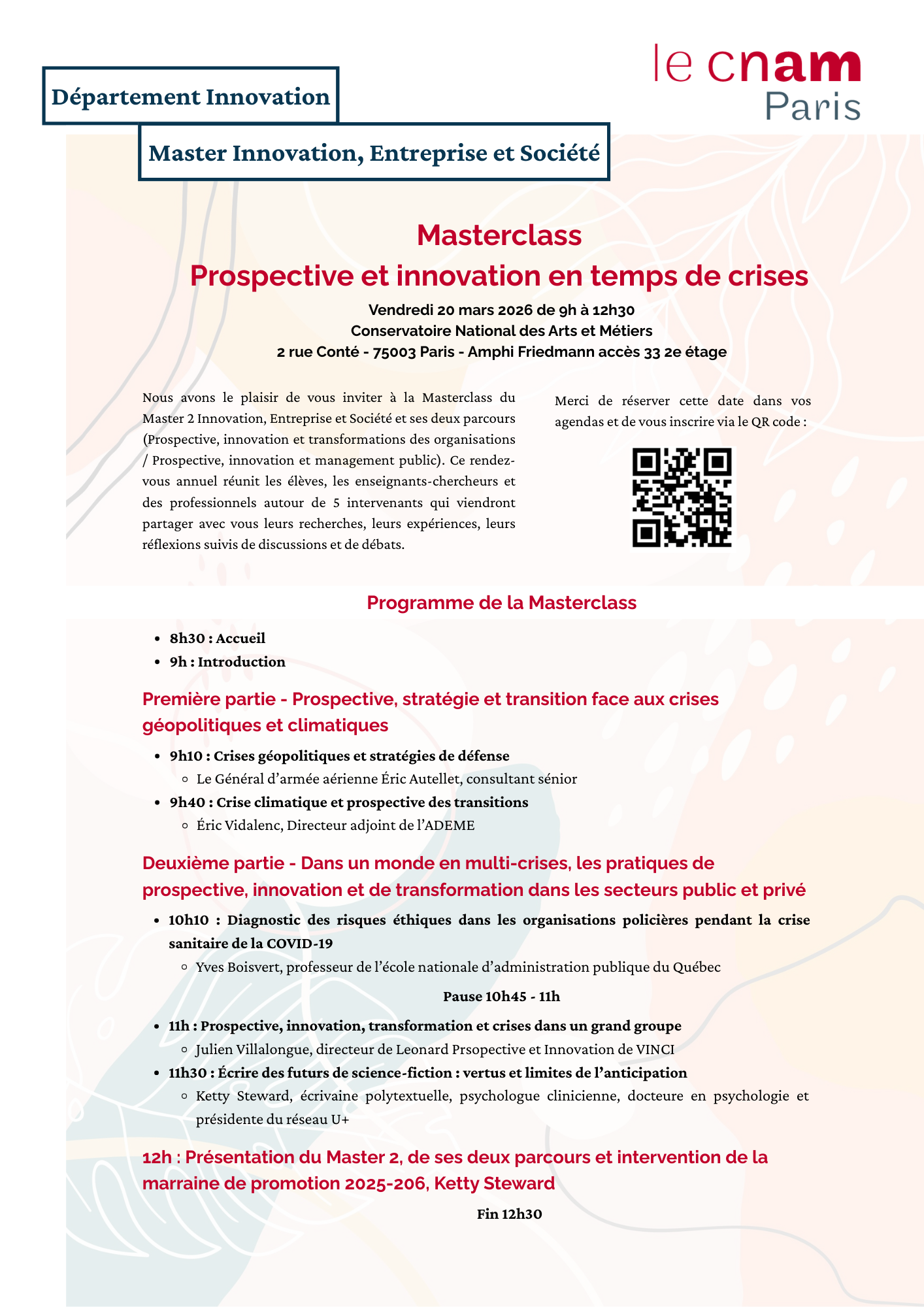 Programme masterclass Prospective et innovation en temps de crises